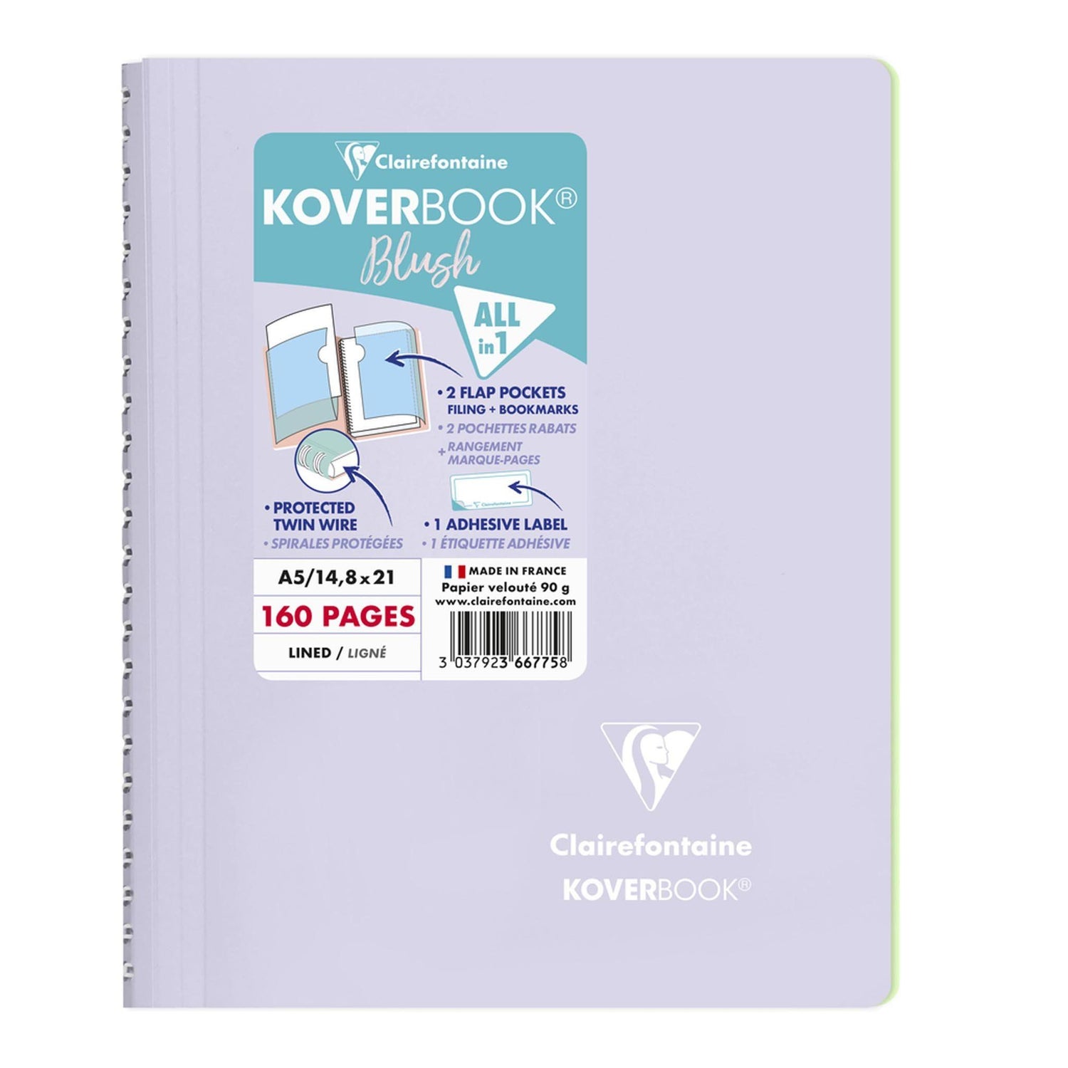 Caiet Koverbook Blush A5 Pastel Clairefontaine, liniat, Liliac/tee green pink, 80 file Caiet Clairefontaine
