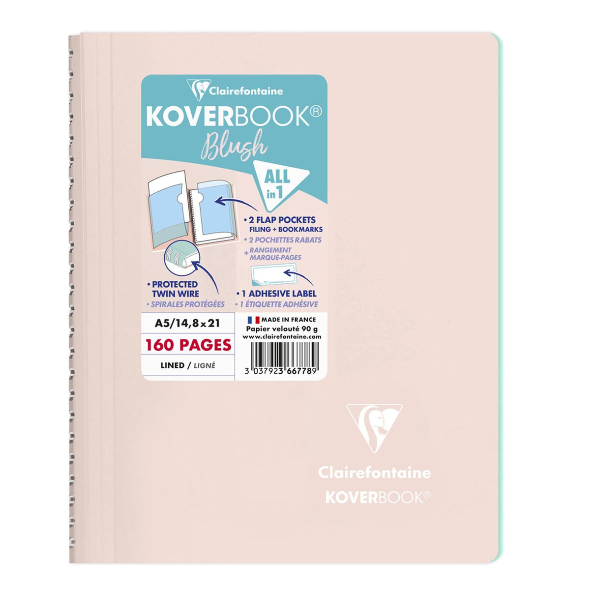 Caiet Koverbook Blush A5 Pastel Clairefontaine, liniat, Powder pink/Mint, 80 file Caiet Clairefontaine