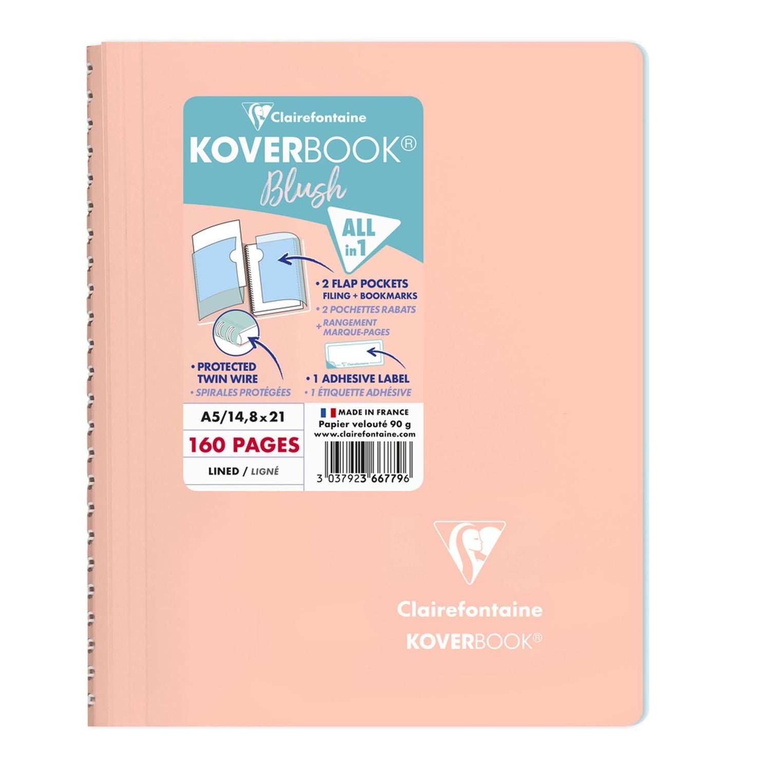 Caiet Koverbook Blush A5 Pastel Clairefontaine, liniat, Coral/Ice blue, 80 file Caiet Clairefontaine