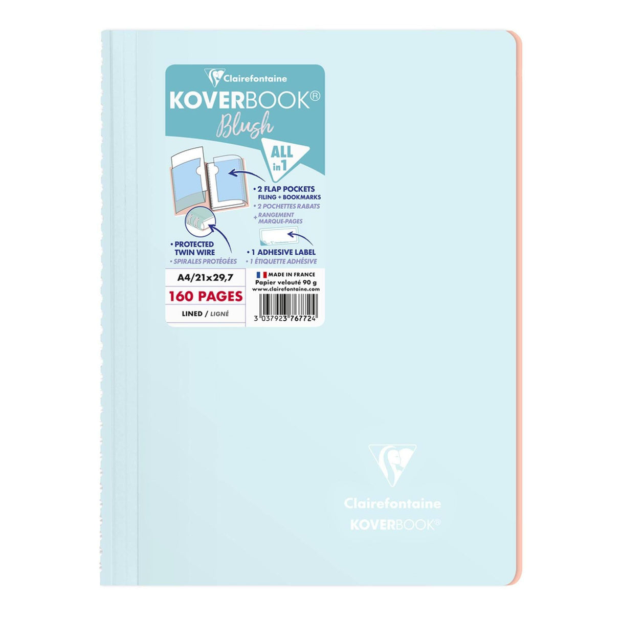 Caiet Koverbook Blush A4 Pastel Clairefontaine, liniat, Ice blue/Coral, 80 file Caiet Clairefontaine