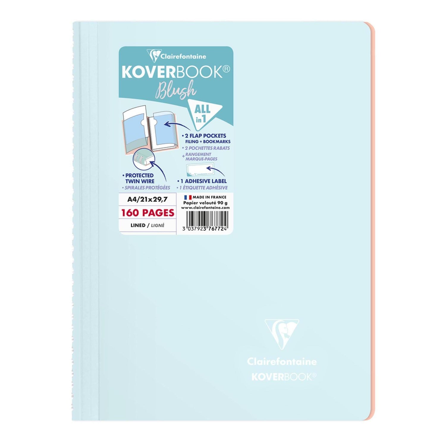 Caiet Koverbook Blush A4 Pastel Clairefontaine, liniat, Ice blue/Coral, 80 file Caiet Clairefontaine