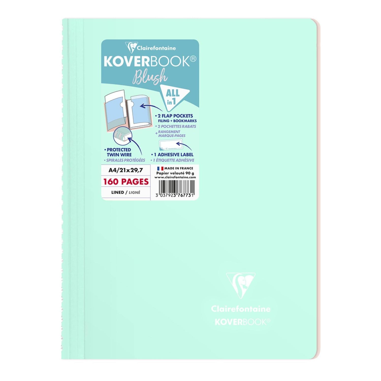 Caiet Koverbook Blush A4 Pastel Clairefontaine, liniat, Mint/Powder Pink 80 file Caiet Clairefontaine