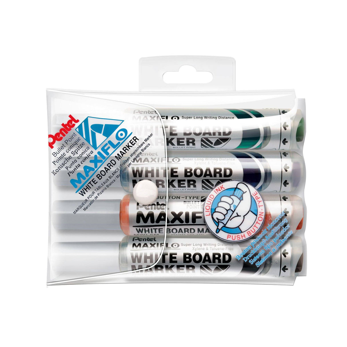 Marker pt tabla Pentel Maxiflo vf rotund 4 culori/set Paperie.ro