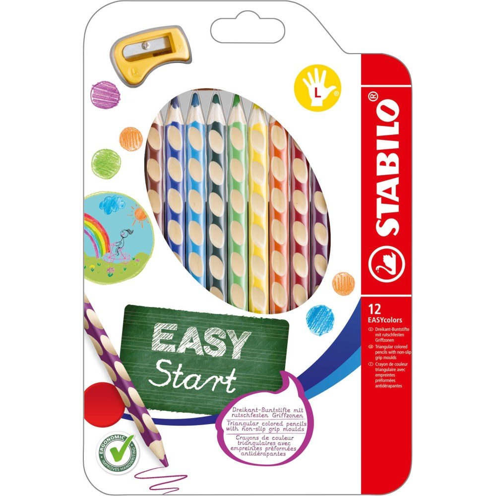 Creioane colorate Stabilo EASYcolors, pentru stangaci, 12 culori/ set Creioane colorate Stabilo