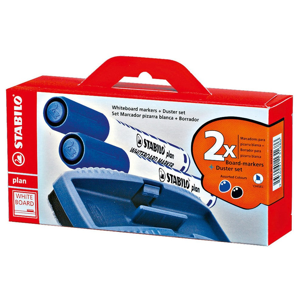 Marker pentru tabla Stabilo plan, varf tesit, set 2 culori, burete Marker pt tabla Stabilo
