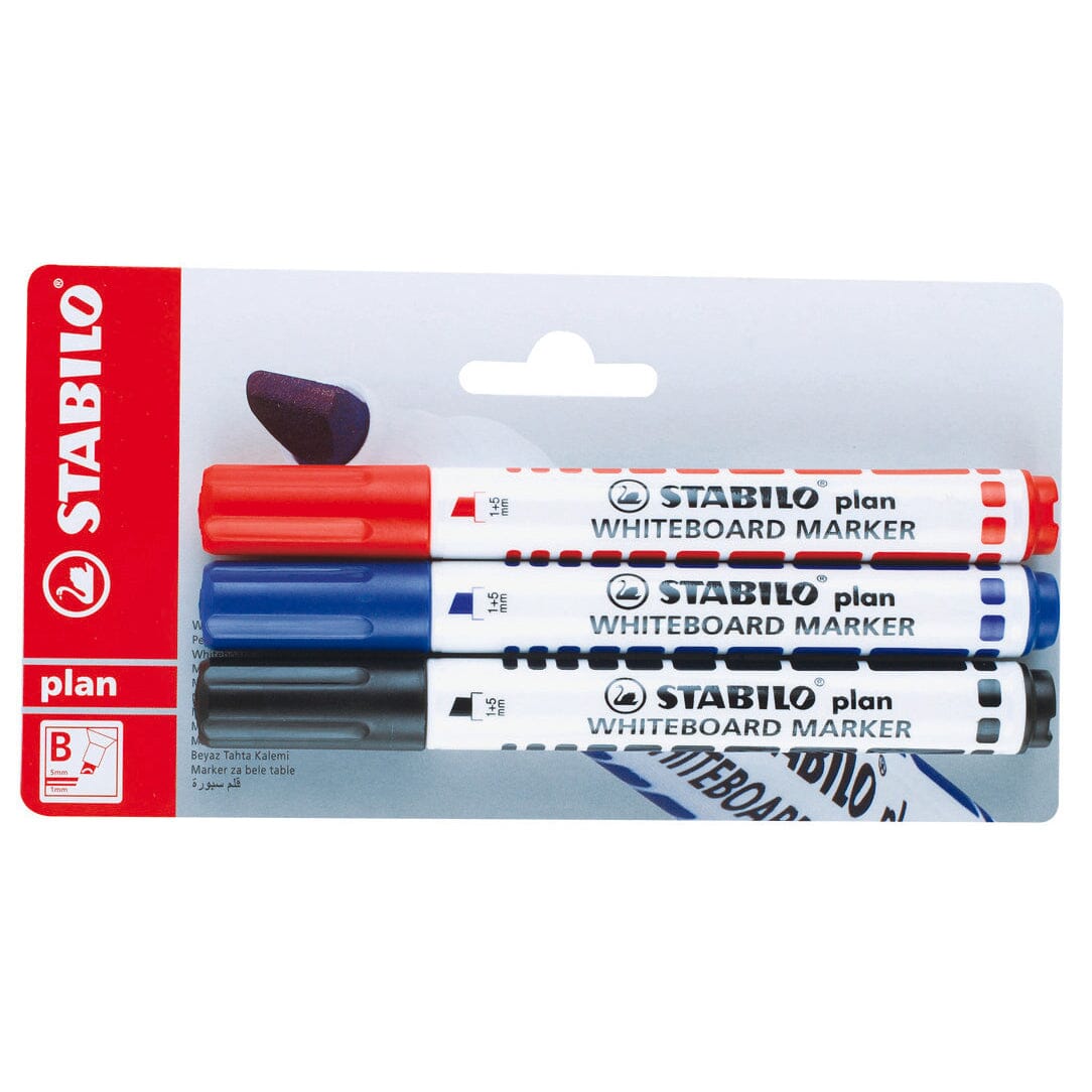 Marker pentru tabla Stabilo plan, varf tesit, 3 culori / set Markere Stabilo