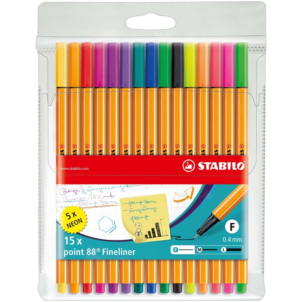 Fineliner Stabilo Point 88, 15 culori / set, 10 + 5 culori neon Fineliner Stabilo