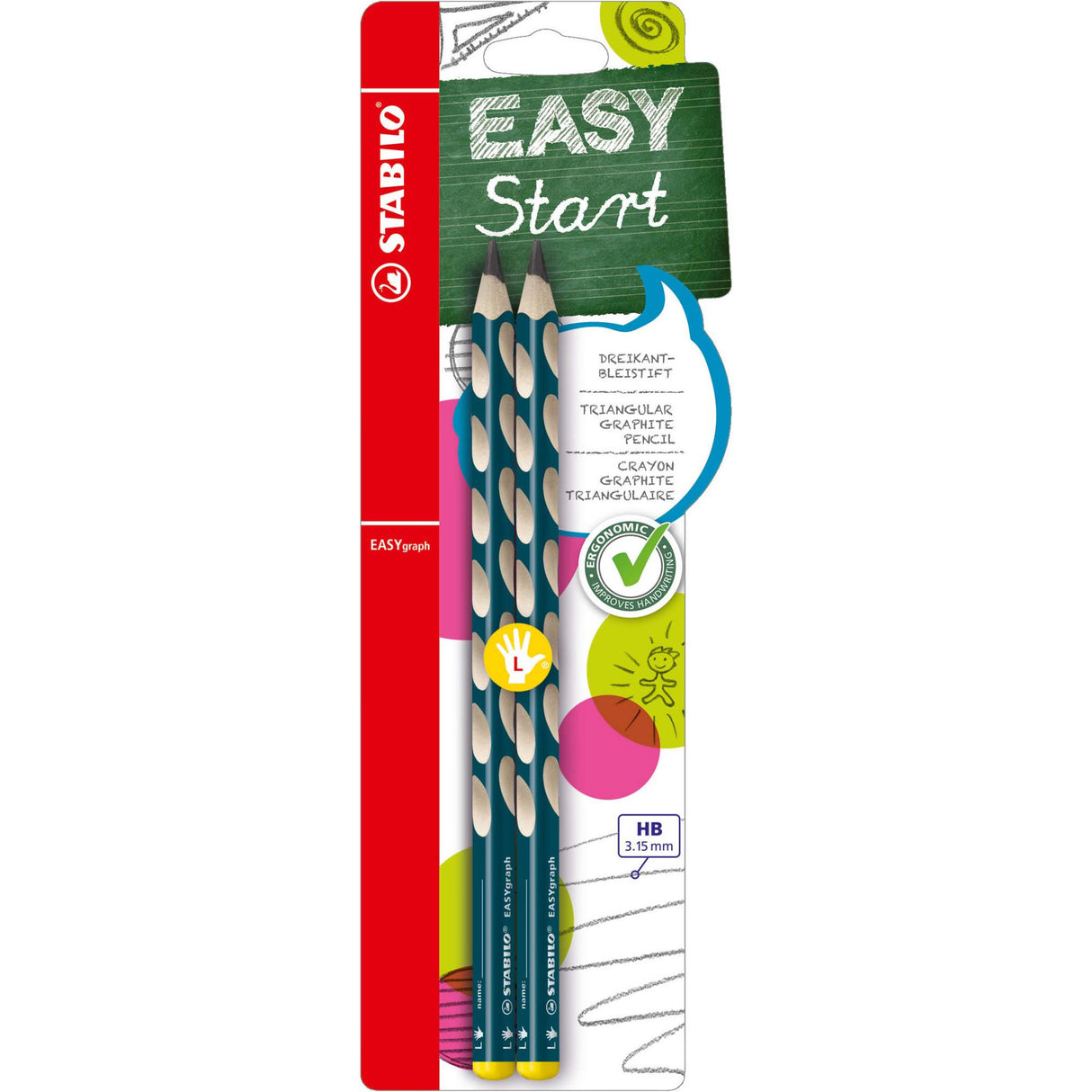 Creion grafit Stabilo EASYgraph, HB, pentru stangaci, albastru petrol, set 2 bucati / blister Creioane grafit Stabilo