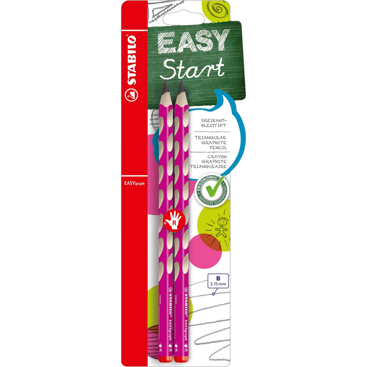 Creion grafit Stabilo EASYgraph, B, pentru dreptaci, roz, set 2 bucati / blister Creioane grafit Stabilo