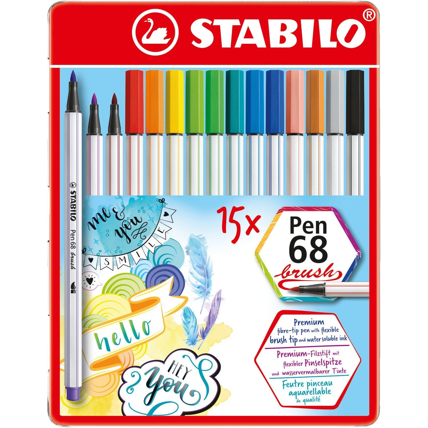 Carioca STABILO Pen 68 cu varf tip pensula 15 buc/cutie metalica Carioca Stabilo