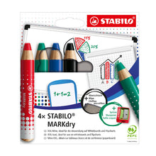 Încarcă imaginea în vizualizatorul Galerie, Creioane Stabilo Mark Dry pentru tabla, 4 culori, cu ascutitoare si laveta
