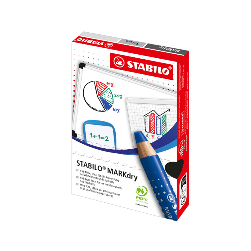 Creioane Stabilo Mark Dry pentru tabla, 4 culori, cu ascutitoare si laveta