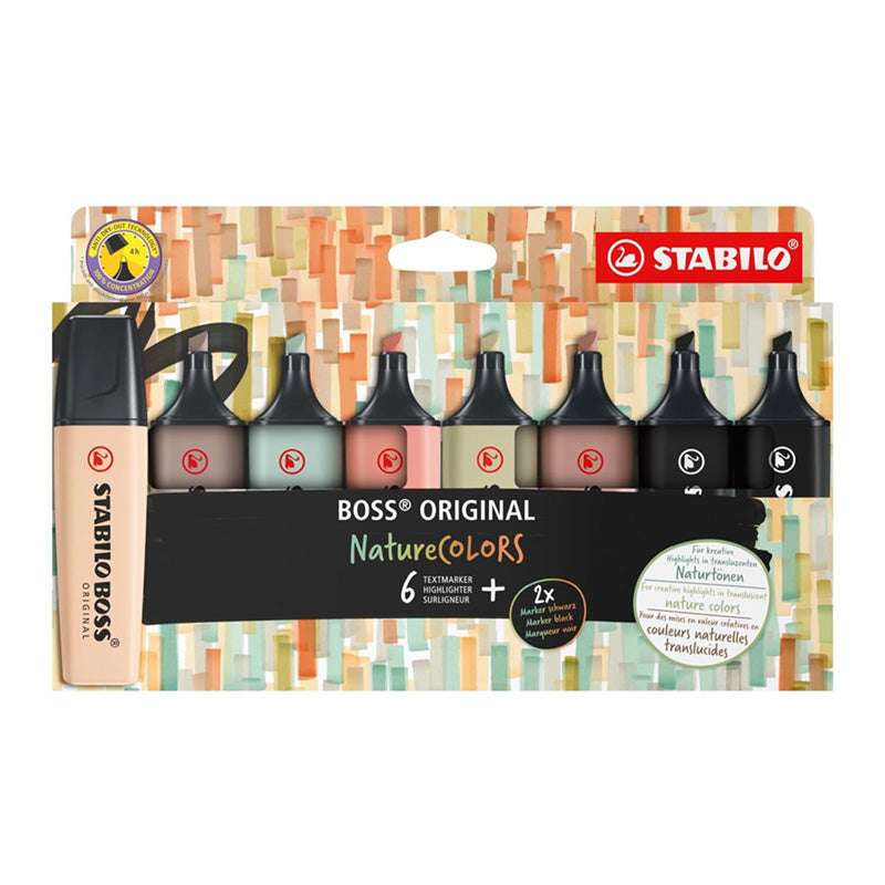 Textmarker Stabilo Boss Original NatureCOLORS, 8 culori / blister, 2 x negru,verde-gri pastel, verde de pamant, negru de pamant, siena, bej, gri warm grey