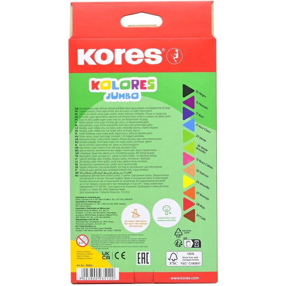 Creioane colorate Kores Jumbo, 5 mm, triunghiulare, 12 bucati / set, ascutitoare, camp pentru nume