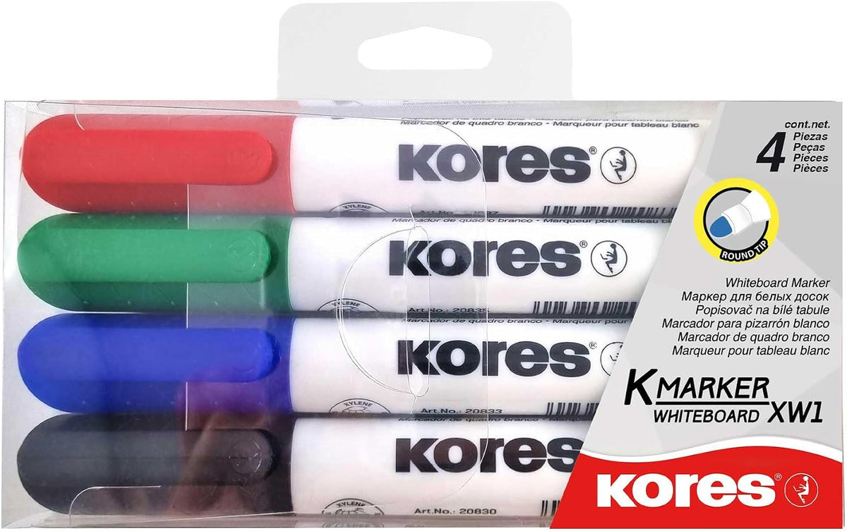 Marker pentru tabla Kores XW1, varf rotund, 3 mm, 4 culori / set, etui plastic