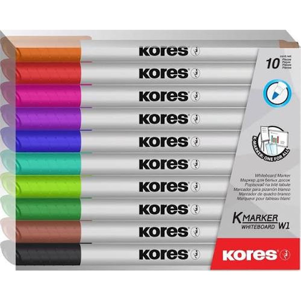 Marker pentru tabla Kores W1, varf rotund, 3 mm, 10 culori / set, etui plastic