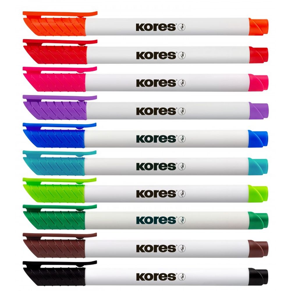 Marker pentru tabla Kores W1, varf rotund, 3 mm, 10 culori / set, etui plastic