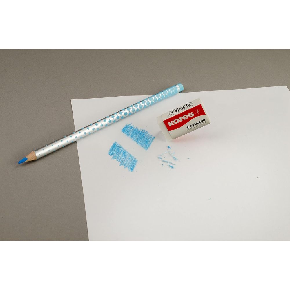 Creioane colorate Kores Magik, 3 mm, triunghiulare, 12 bucati / set, cu mina care se sterge, 1 radiera speciala