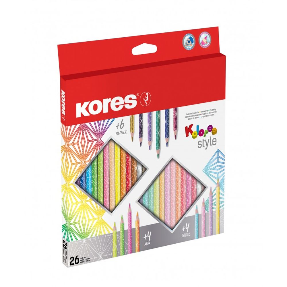 Creioane colorate Kores Kolores Style, 3 mm, triunghiulare, 26 bucati / set, cuprinde 6 culori metalice, 4 neon si 4 pastel