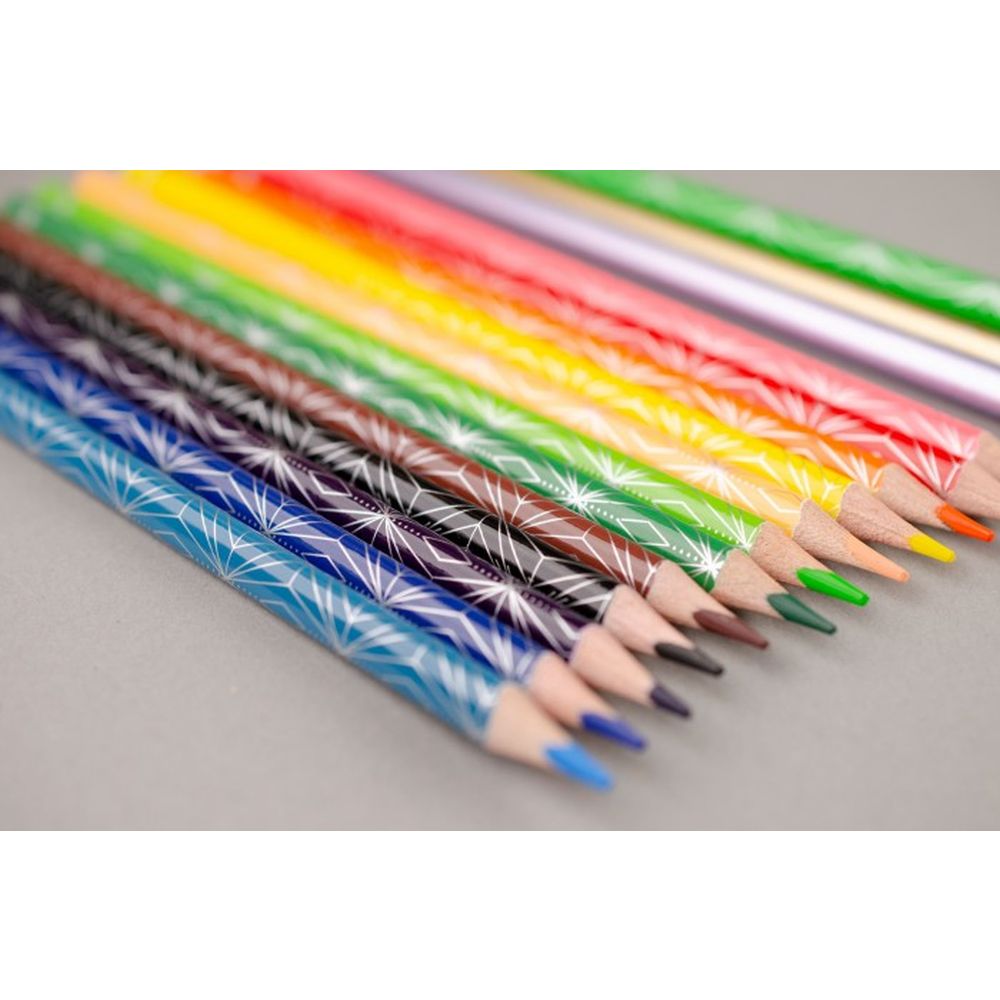 Creioane colorate Kores Kolores Style, 3 mm, triunghiulare, 26 bucati / set, cuprinde 6 culori metalice, 4 neon si 4 pastel