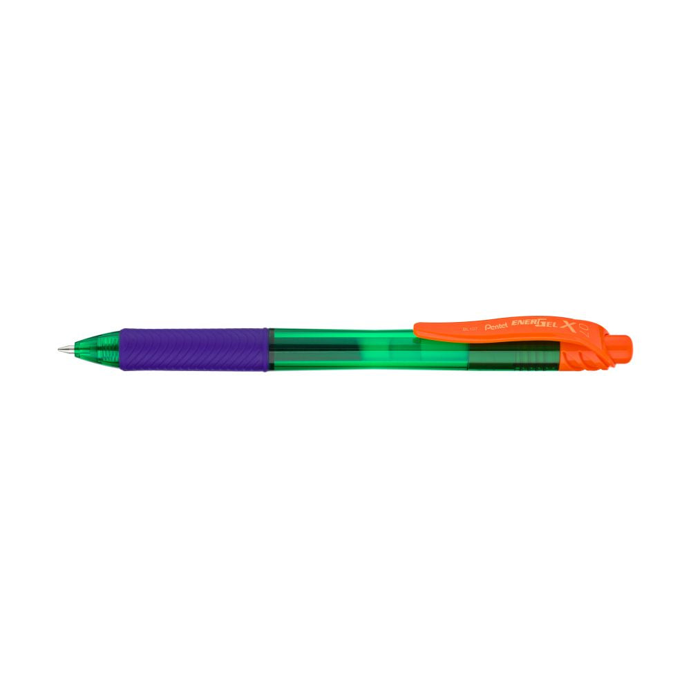 Roller cu gel Pentel EnergelX Crazy Mix cu mecanism 0.7 mm, corp colorat, clip portocaliu, scris negru