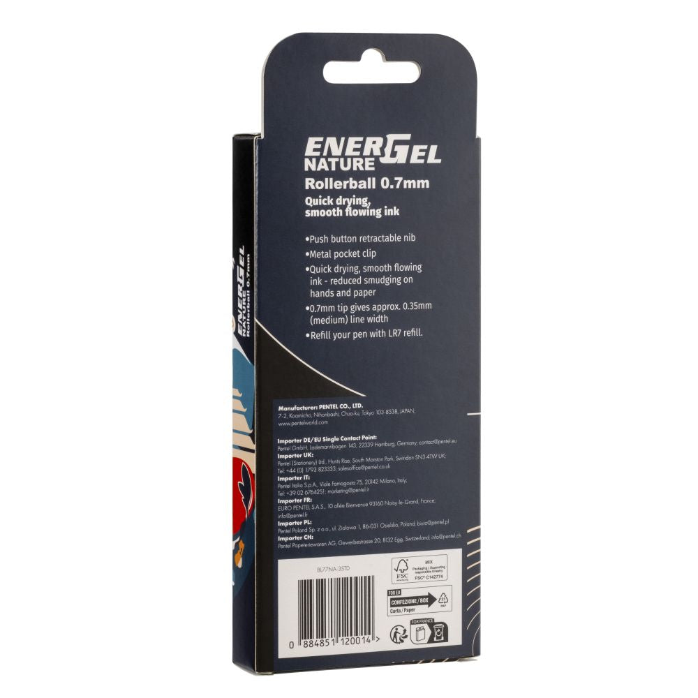 Roller cu gel Pentel EnerGel Nature, 0.7 mm, cu mecanism, albastru, 3 bucati / set, Dark Colours