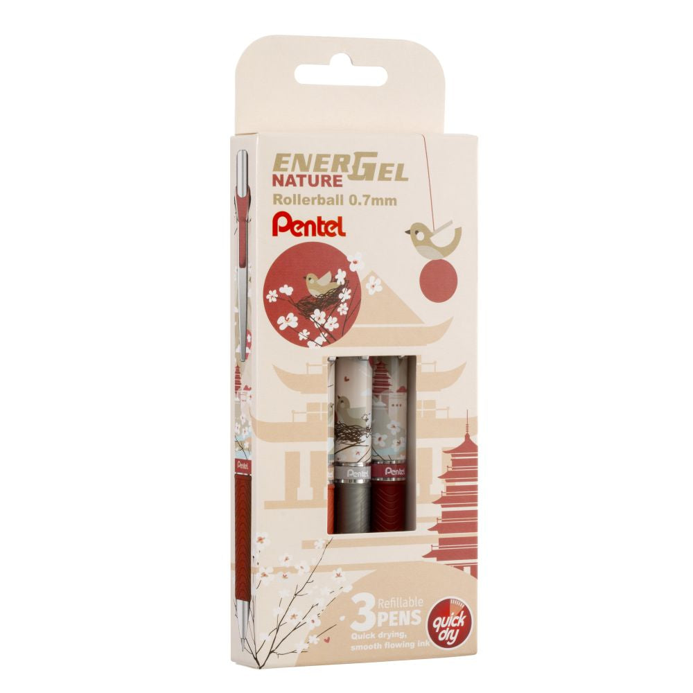 Roller cu gel Pentel EnerGel Nature, 0.7 mm, cu mecanism, albastru, 3 bucati / set, Light Colours
