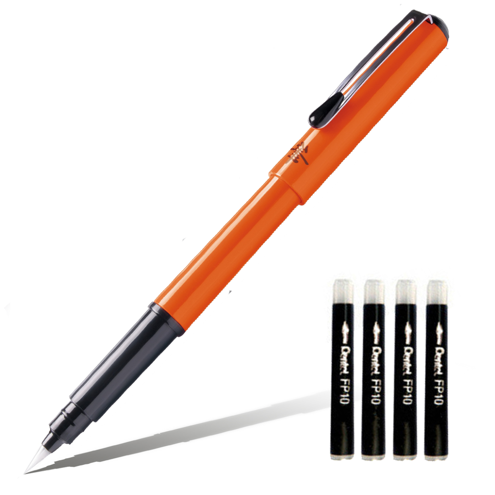 Pensula de buzunar PENTEL brush cu cerneala pigmentata, 4 rezerve incluse, scris negru