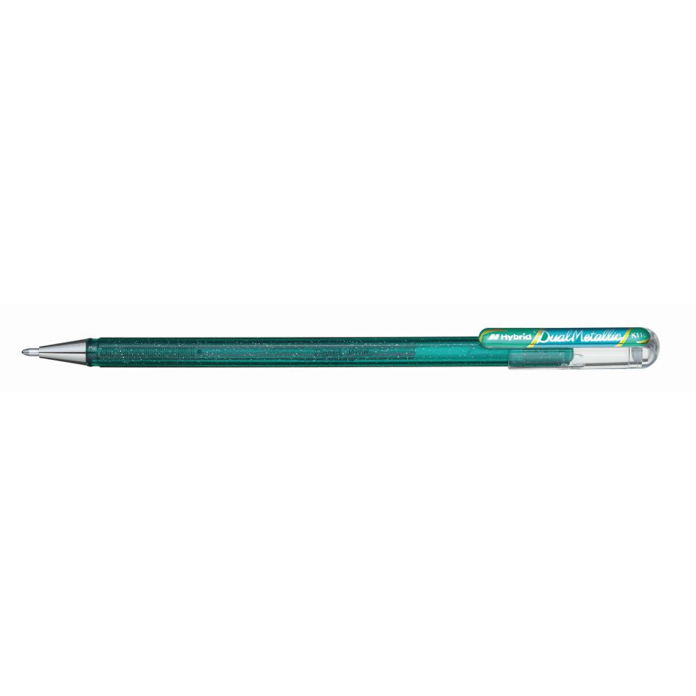 Roller cu gel Pentel Hybrid Duo Metallic, 1 mm, fara mecanism, corp transparent, scris verde / albastru metalizat