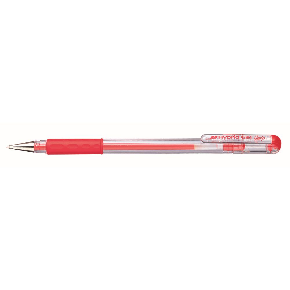 Roller cu gel Pentel Hybrid Grip, 0.6 mm, fara mecanism, corp transparent, grip rosu