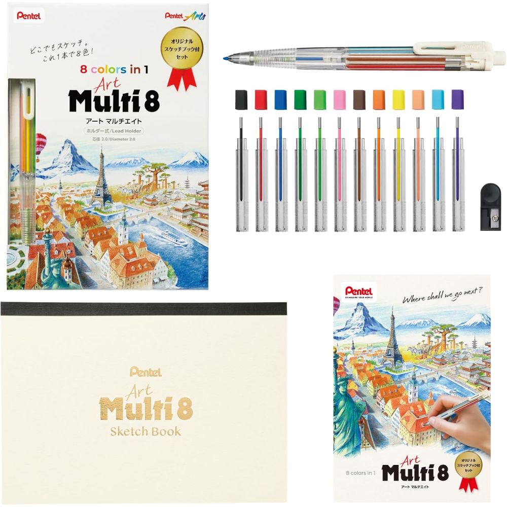 Creion mecanic Pentel Art Multi 8, 8 culori, set cu mine colorate, ascutitoare si sketchbook