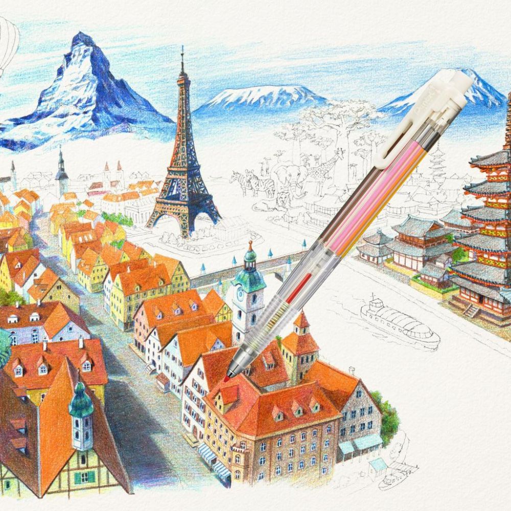 Creion mecanic Pentel Art Multi 8, 8 culori, set cu mine colorate, ascutitoare si sketchbook