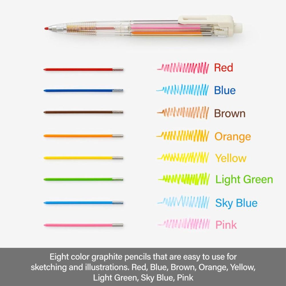 Creion mecanic Pentel Art Multi 8, 8 culori, set cu mine colorate, ascutitoare si sketchbook
