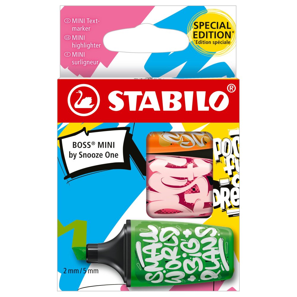 Textmarker Stabilo Boss mini by Snooze One, 3 culori / set, portocaliu, roz, verde, etui caton