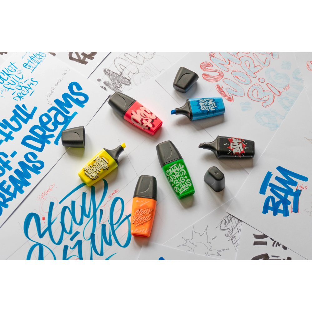 Textmarker Stabilo Boss mini by Snooze One, 6 culori / set, negru, roz, portocaliu, albastru, galben, verde, etui caton