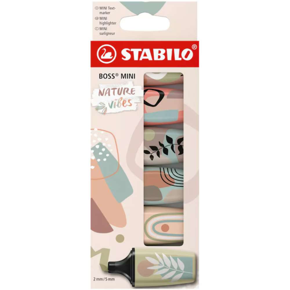 Textmarker Stabilo Boss mini Naturevibes, 6 culori / set, mud green, earth green, umber, sienna, beige, warm grey, etui caton