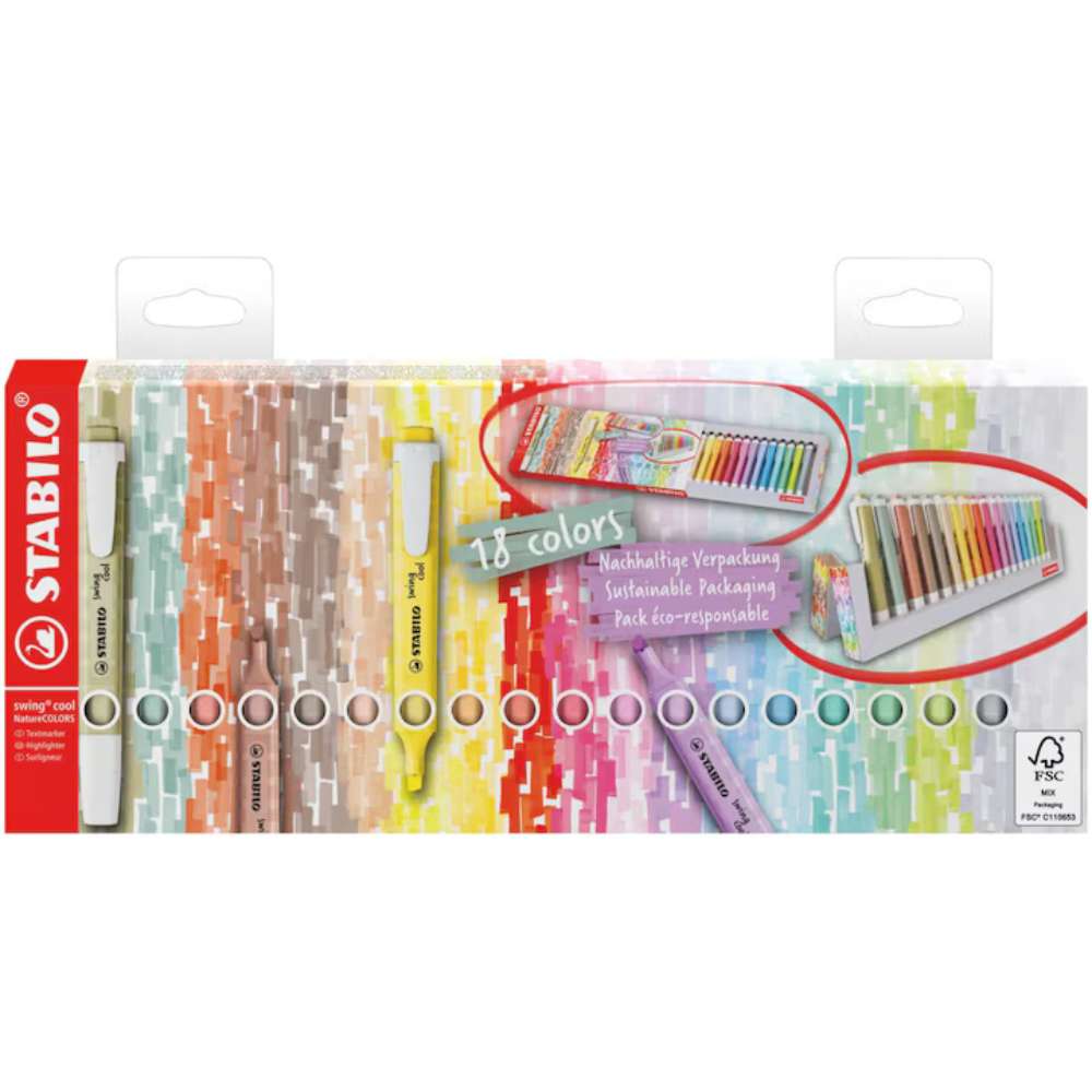 Textmarker Stabilo swing cool NatureCOLORS, 18 culori / set, suport de birou
