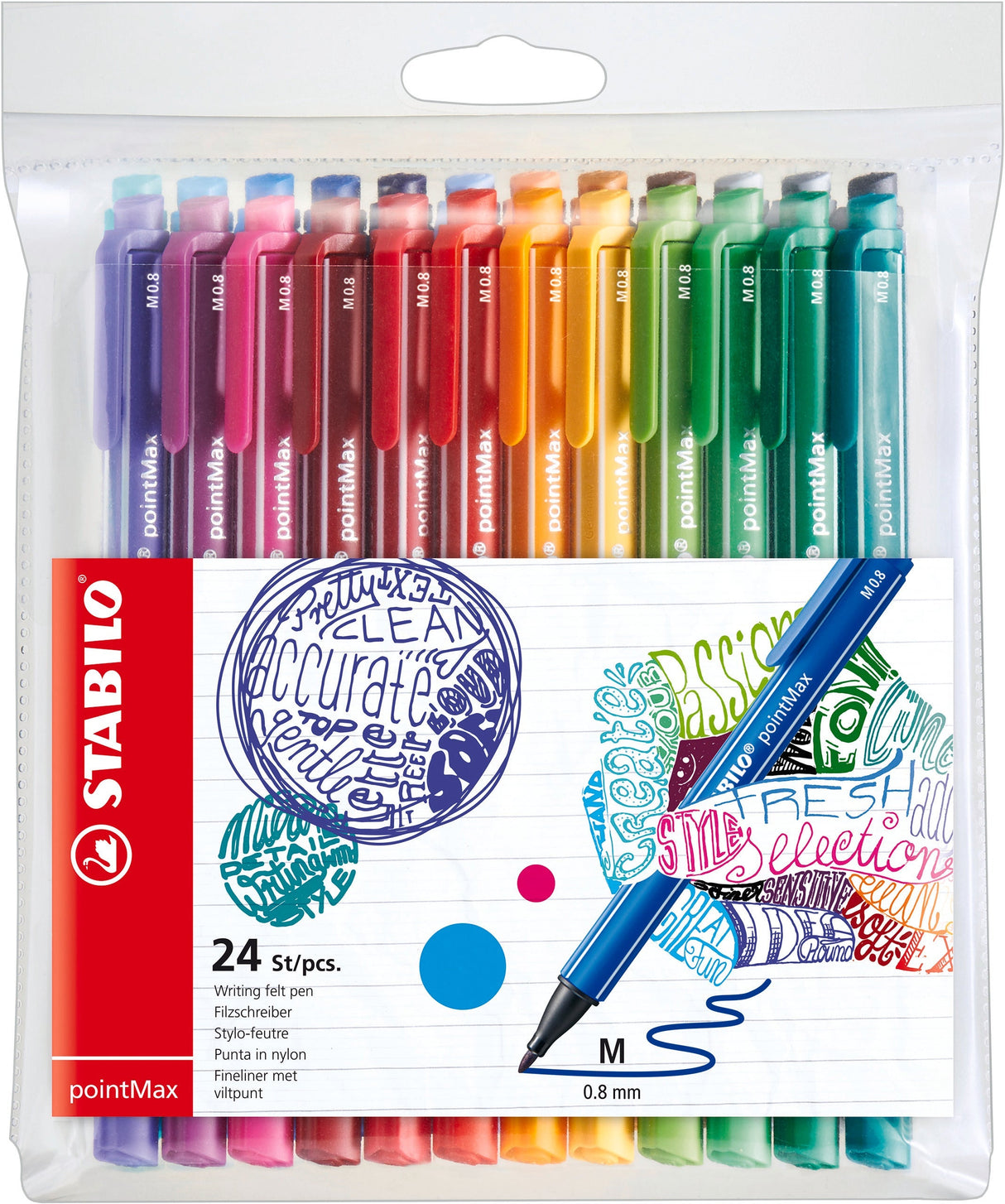 Fineliner Stabilo PointMax, 0.8 mm, 24 culori / set, etui carton Arty