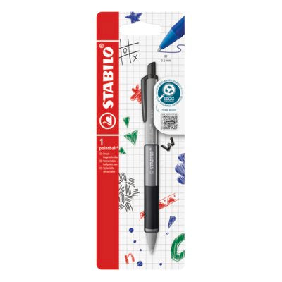 Pix cu mecanism Stabilo Pointball colorful, 0.5 mm, 87% plastic biodegradabil, 1 bucata / blister, negru