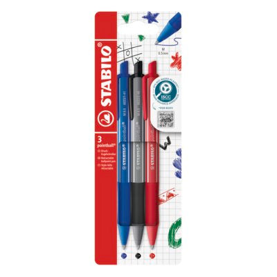 Pix cu mecanism Stabilo Pointball colorful, 0.5 mm, 87% plastic biodegradabil, 3 culori / blister, albastru, negru si rosu