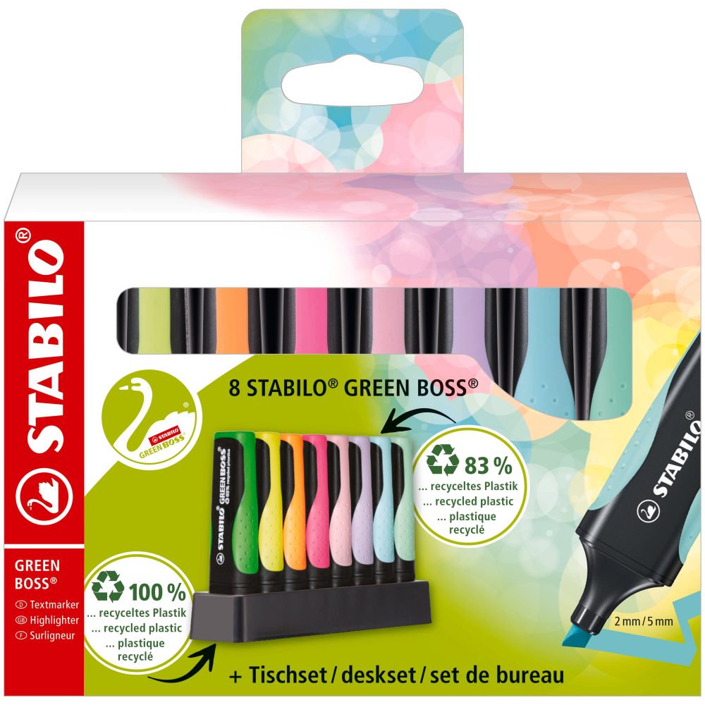 Textmarker Stabilo Boss Green, 8 culori / set, suport birou, 4 fluorescente + 4 pastel, etui carton