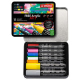Marker acrilic Stabilo Free Starter Kit, 4 x T100, 5 xT 300, 2 xT 800, 3 culori / set, cutie metalica