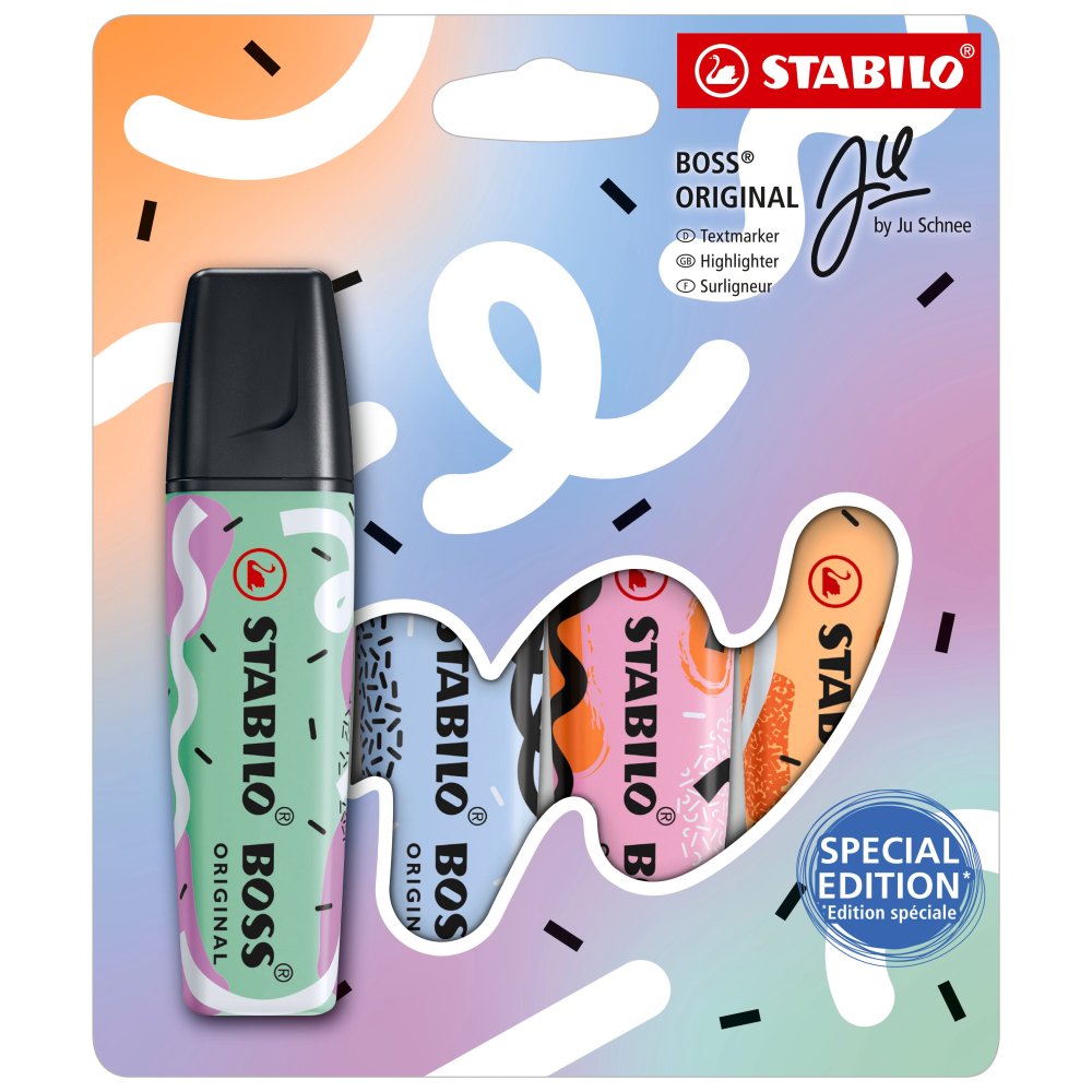 Textmarker Stabilo Boss Original by Ju Schnee, 4 culori / blister, hint of mint, cloudy blue, frozen fuchsia, pale orange