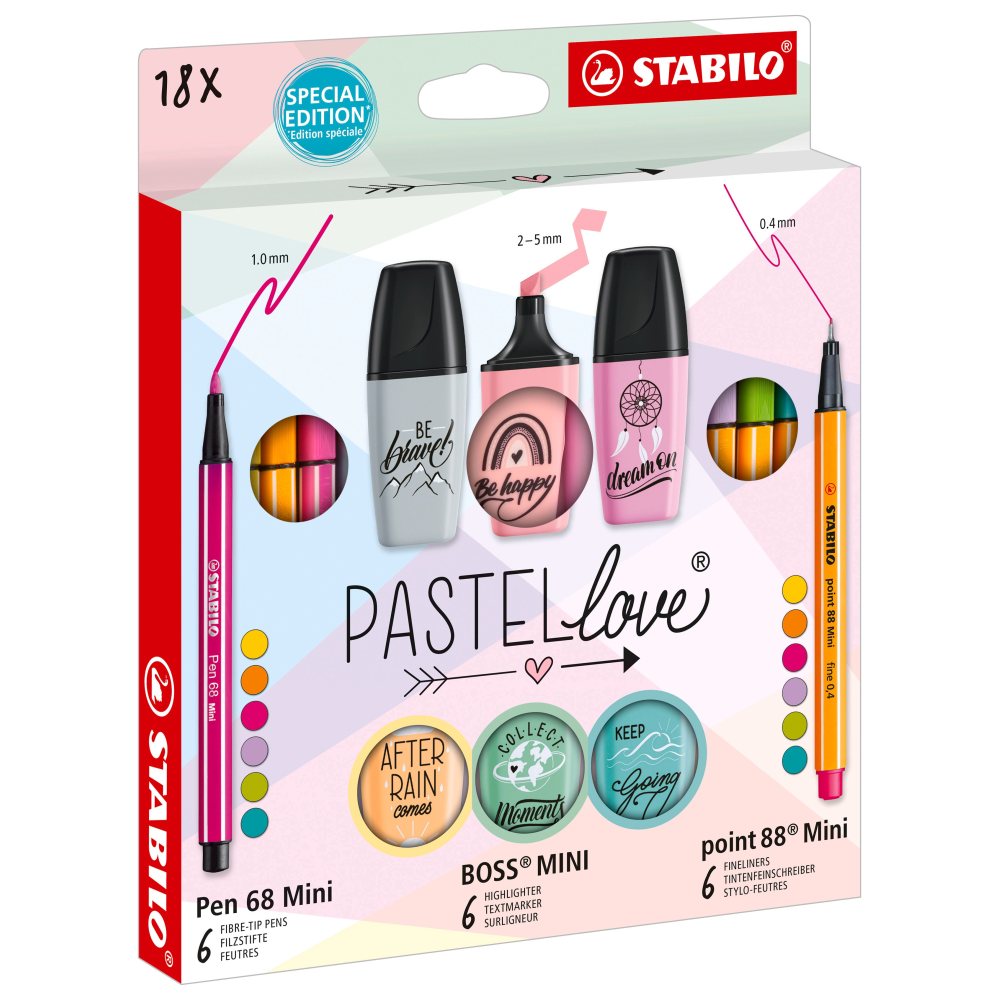 Stabilo Pen 68 mini x 6 culori, Point 88 mini x 6 culori, Boss Mini x 6 culori, 18 bucati / set, etui carton