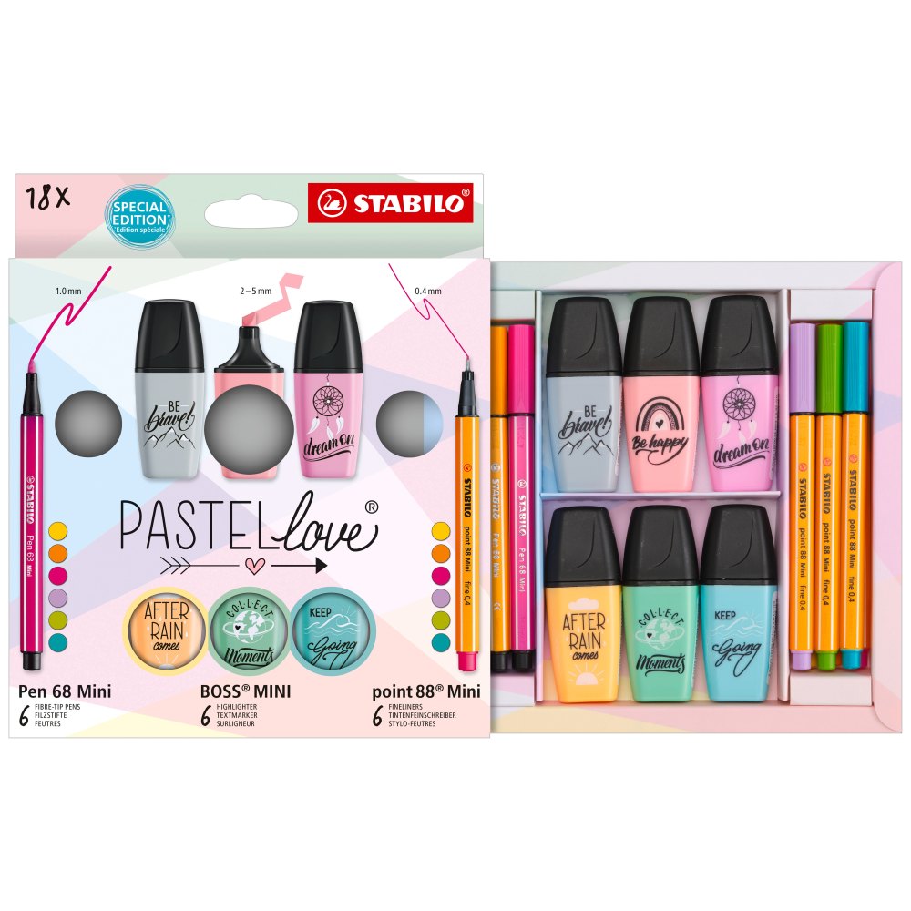 Stabilo Pen 68 mini x 6 culori, Point 88 mini x 6 culori, Boss Mini x 6 culori, 18 bucati / set, etui carton