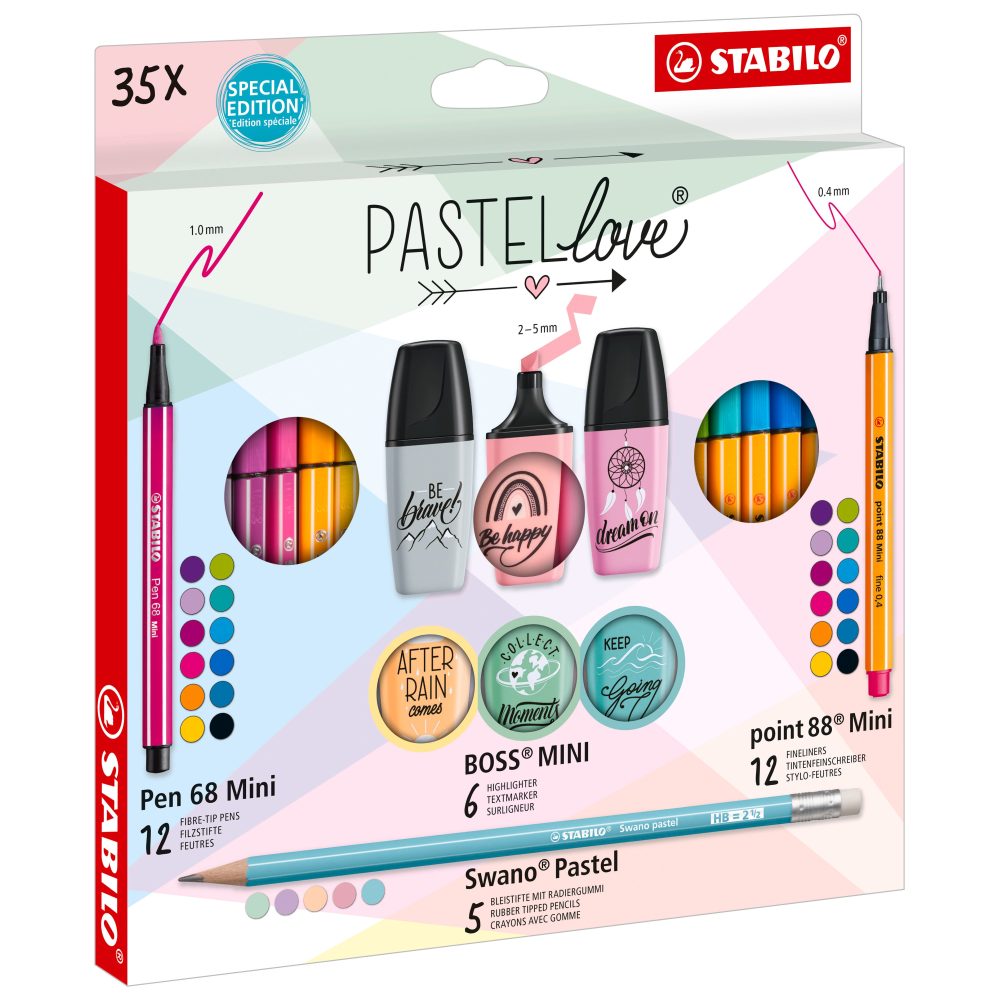 Stabilo Pen 68 mini x 12 culori, Point 88 mini x 12 culori, Boss Mini x 6 culori, Swano Pastel x 5, 35 bucati / set, etui carton