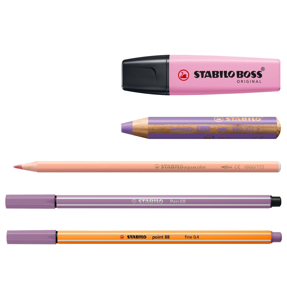 Stabilo Pen 68 x 12 culori, Point 88 x 12 culori, Aquacolor x 12 culori, woody 3 in 1 x 9 culori, Boss Original Pastel x 5 culori, 50 bucati / set, etui carton Arty