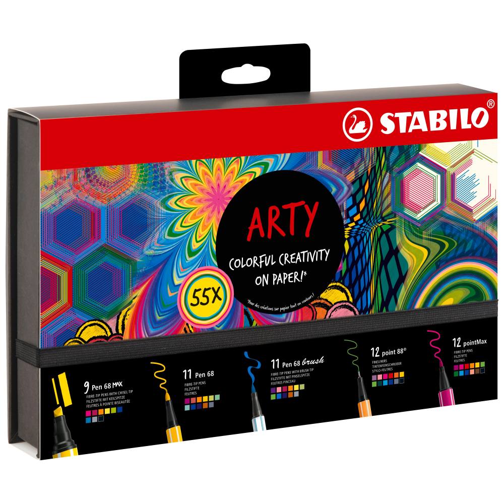 Stabilo Pen 68 x 11 culori, Point 88 x 12 culori, Pen 68 Brush x 11 culori, PointMax x 12 culori, Pen 68 Max x 9 culori, 55 bucati / set, etui carton Arty
