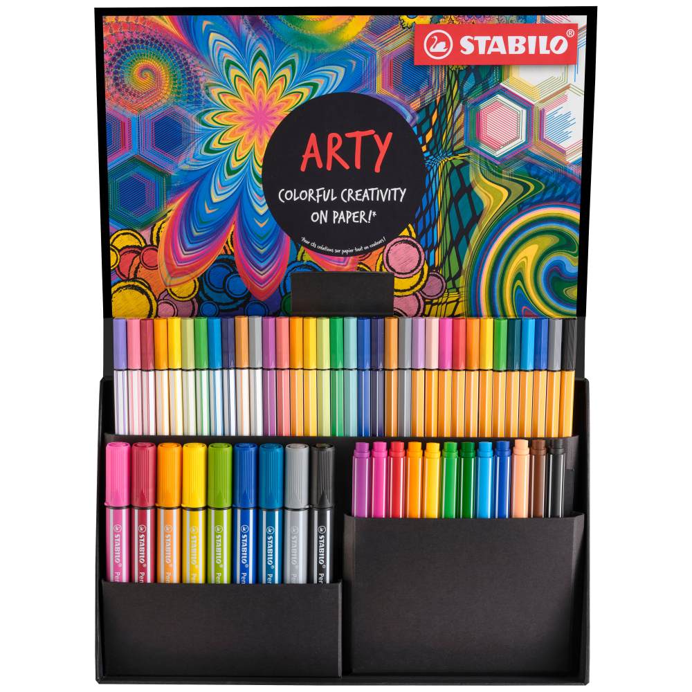 Stabilo Pen 68 x 11 culori, Point 88 x 12 culori, Pen 68 Brush x 11 culori, PointMax x 12 culori, Pen 68 Max x 9 culori, 55 bucati / set, etui carton Arty