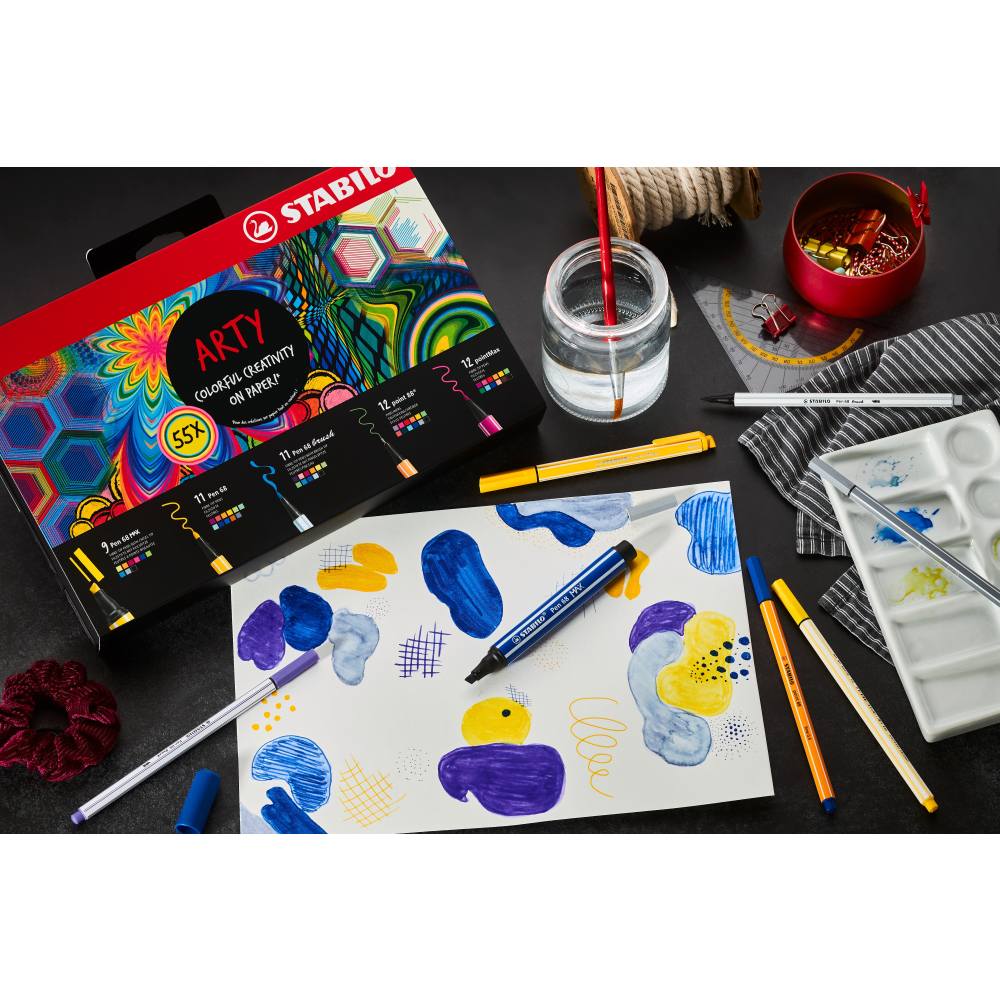Stabilo Pen 68 x 11 culori, Point 88 x 12 culori, Pen 68 Brush x 11 culori, PointMax x 12 culori, Pen 68 Max x 9 culori, 55 bucati / set, etui carton Arty